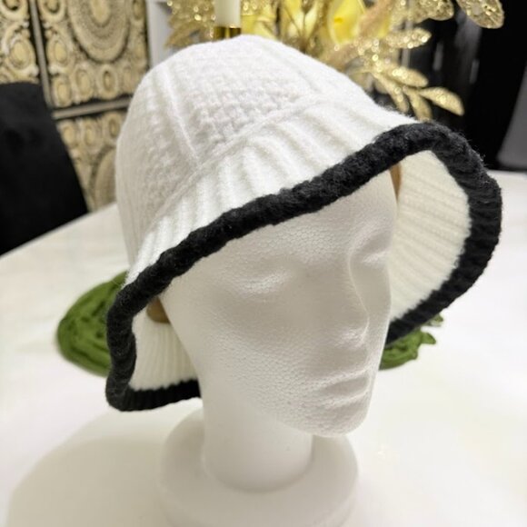 White Knit Cloche Bucket Hat With Black Trim – Winter Hat - Picture 5 of 8